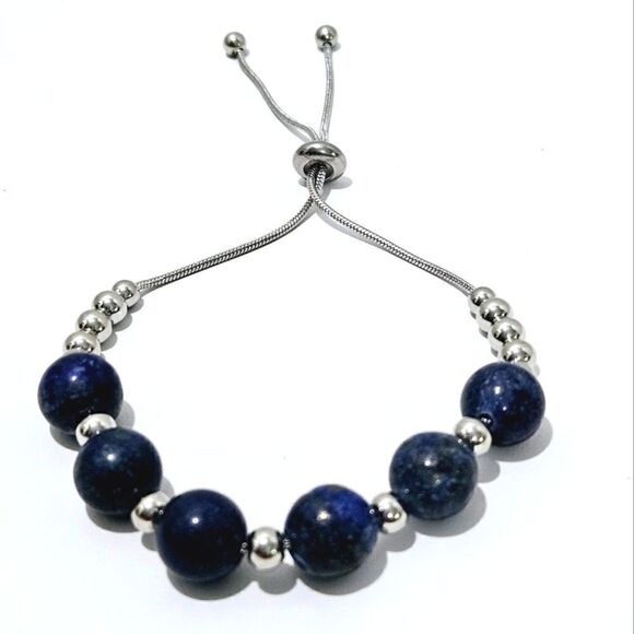 NWOT, NATURAL LAPIS AND STAINLESS BEADED BRACELET - Picture 1 of 3